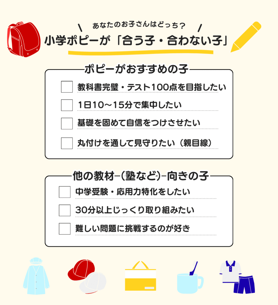 あなたのお子さんはどっち？
小学ポピーが「合う子・合わない子」のチェックリスト