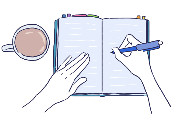 ノートにペンでメモする様子のイラスト。