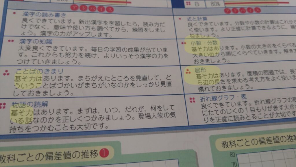 実際の実力テストの講評欄の画像。